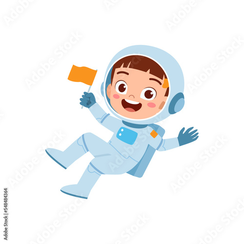 little kid wear astronaut costume and feel happy