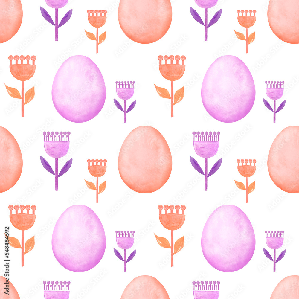 Easter, spring,  seamless pattern with easter eggs, flowers, leaves in folklore style. Watercolor illustrations with stylized decorative floral elements. For textiles, clothing, bed linen.
