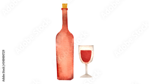 赤ワインの瓶とグラスの水彩風背景透過イラスト photo