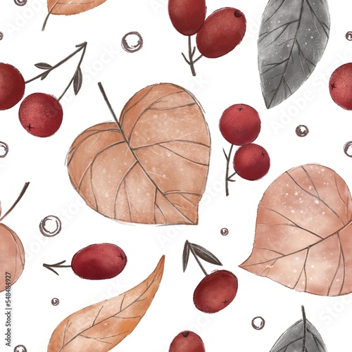 Seamless autumn pattern with leaves and berries. Watercolor illustration trendy.