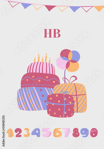 Birthday card with gifts  cake and numbers on light background