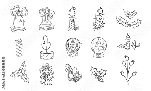 Fototapeta Naklejka Na Ścianę i Meble -  Flower winter with Christmas icons decoration element hand drawn coloring