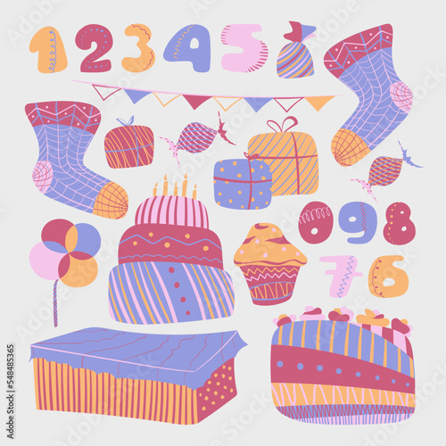 Birthday set with cakes, cupcakes, socks, candy, gifts and numbers