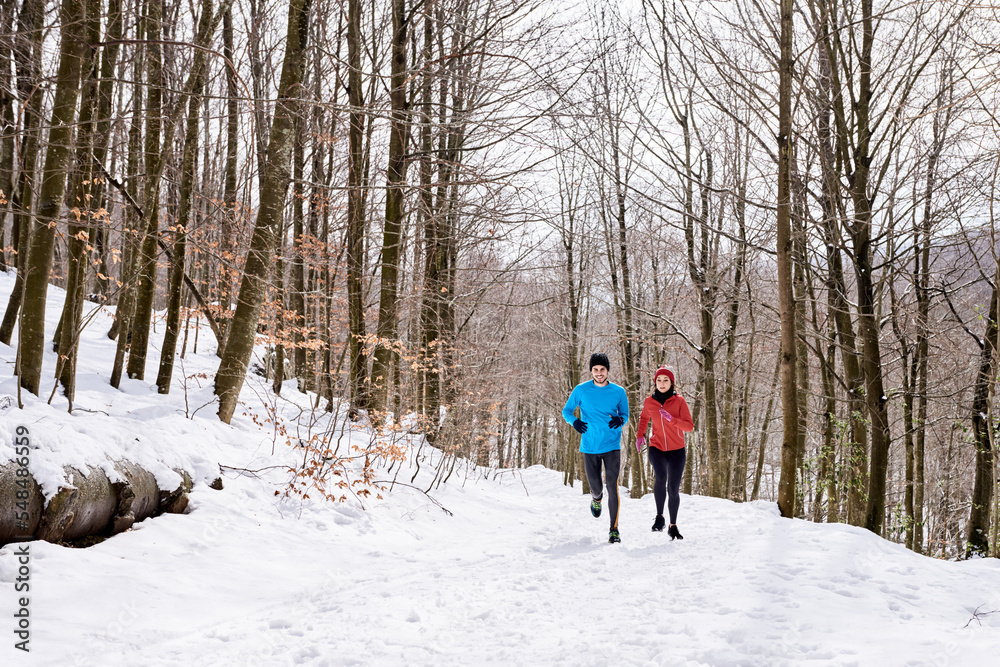 Athletes jogging together in winter woods