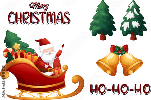 Cartoon Christmas set with sleigh, Santa Claus, bells, Christmas tree, Merry Christmas and ho-ho-ho