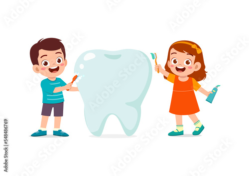 little kid and friend cleaning big tooth