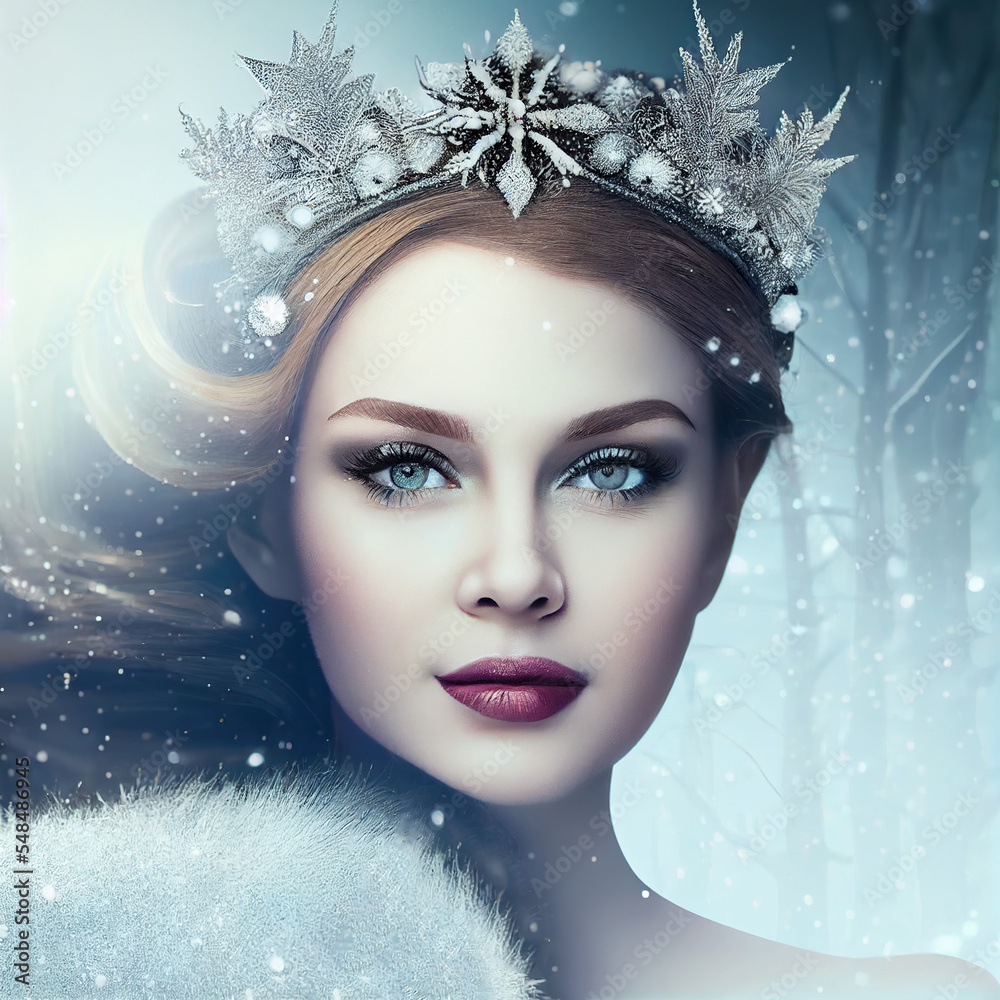 Illustrated portrait of a beautiful, attractive icy snow queen from imagination and dreams. A young redhead woman with an ice crown, white soft snow in the background.Generative AI