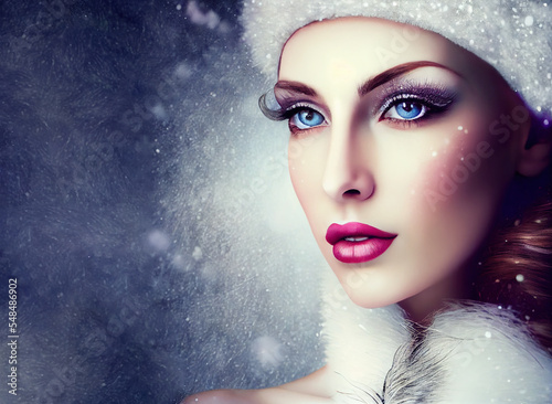 Illustrated portrait of a beautiful, attractive icy snow queen from imagination and dreams. A young redhead woman with an ice crown, white soft snow in the background.Generative AI
