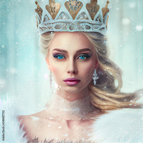 Illustrated portrait of a beautiful, attractive icy snow queen from imagination and dreams. A blonde young woman with an ice crown, white soft snow in the background.Generative AI