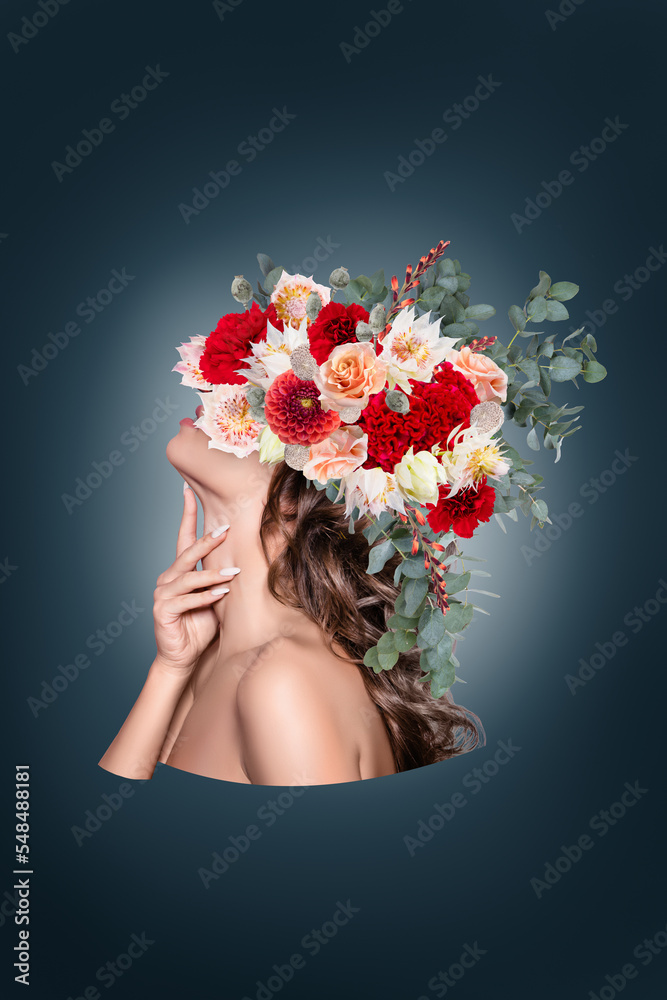 Pop art banner collage of lady full purity touch smooth neck after floral nourishing procedure on dark background