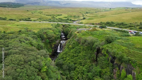 Aerial footage - Lealt Gorge and Lealt Falls on the Isle of Skye in Scotland, summer view (waterfall in Scotland)