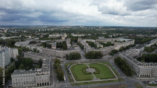 Plac Centralny Nowa Huta, Kraków, Poland, Europe, aerial 4k video panorama. Ronald Reagan Central Square in Nowa Huta.  photo