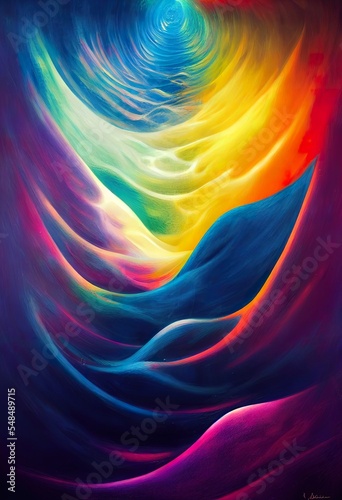 Rainbow dense clouds neon lights abstract background. Colorful sky and color refraction. 3D Illustration.