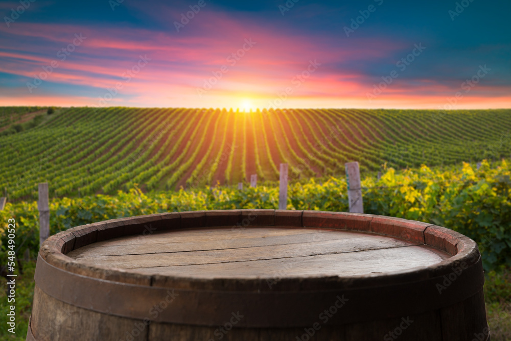 Glass Of Wine With Grapes And Barrel On A Sunny Background. Italy Tuscany Region. High quality photo