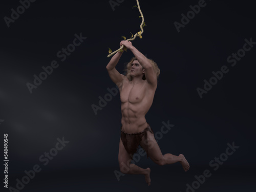 3D Render : portrait of fantasy male Tarzan character shot in the studio background hang with vine, liana, creeping plants as prop photo
