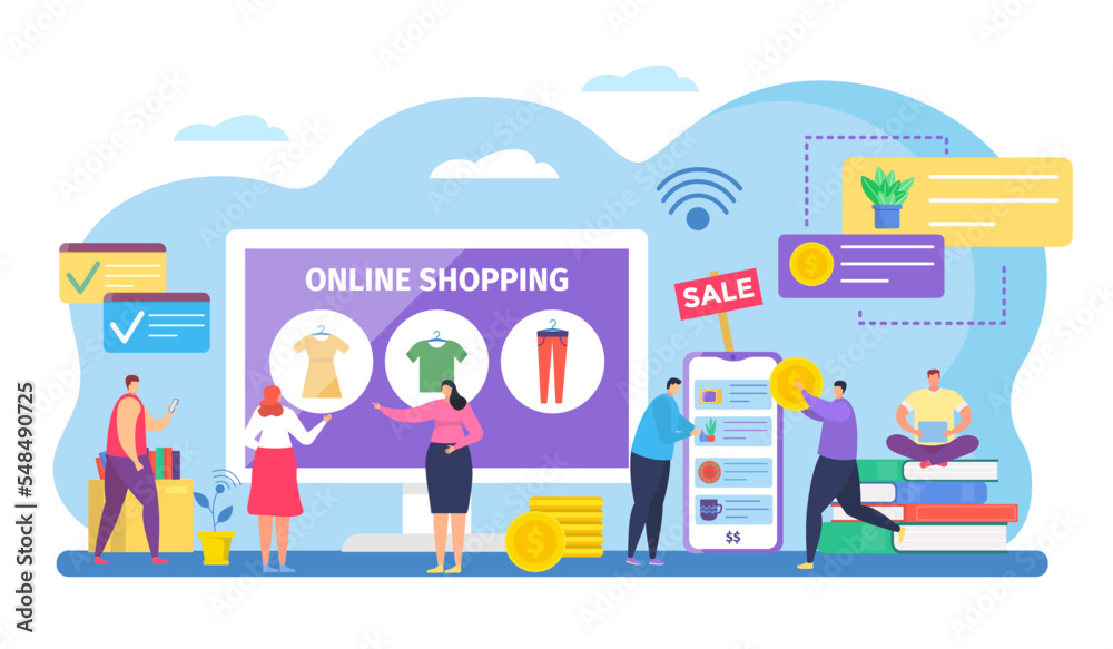 People shopping online vector illustration, cartoon tiny shoppers characters buying clothes on internet sale in mobile app isolated on white