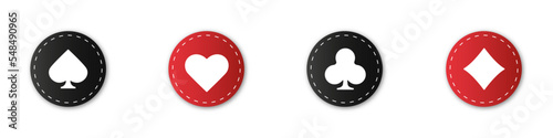 Set collection gambling sign symbol of playing card suits and chips for poker and casino. Hearts, clubs, diamonds and spades on an isolated white background.