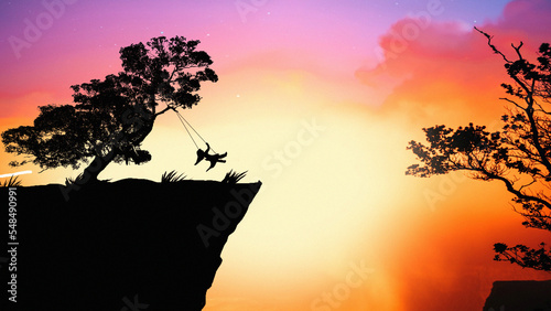 nature a girl swing on the mountain digital art ,type painting ,3d illustration , high definition ,  wallpaper