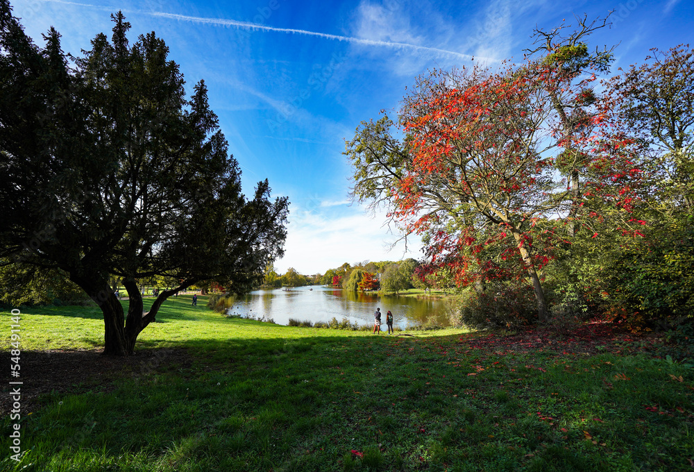 Couple watching the lake of Vincennes Park in a sunny and colorful autumn day