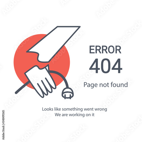 Internet page search error. Technical work on the website. A hand holds a disconnected internet cable. Error 404. Template for visual notification of technical failures.