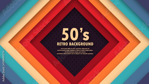Abstract funky 1950's background with rhombus elements and retro colors. Realistic design in futuristic retro style background with perforation. Vector illustration.