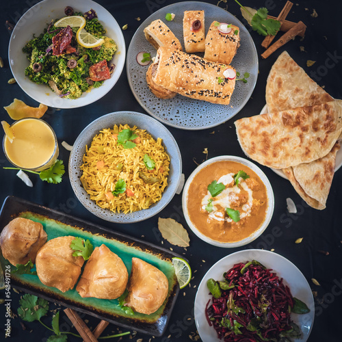 fried rice, samosa , salad, roti, with tea