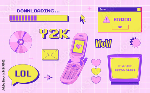 y2k trendy set of objects, old computer interface, retro pc elements, 1990s 2000s style, flip phone, cd disk, old television, pixel heart, nostalgia, vector illustration photo