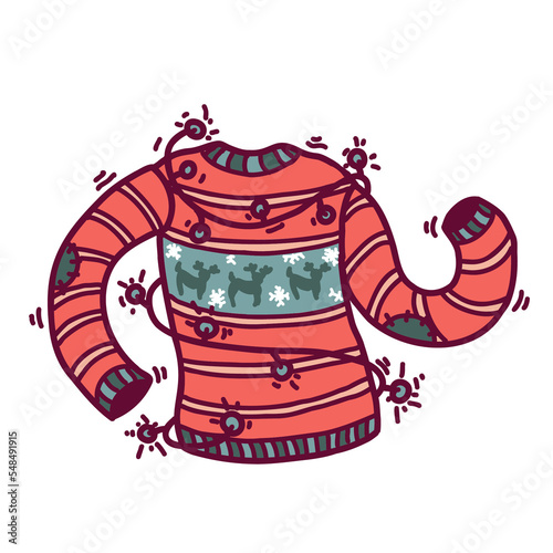 Christmas red ugly sweater hand drawn Illustration with stripes, light bulbs garland snow flakes and deer. photo