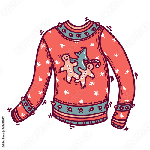 Obraz na plátne Christmas red ugly sweater hand drawn Illustration with blue stripes, gingerbread men and x-mas tree