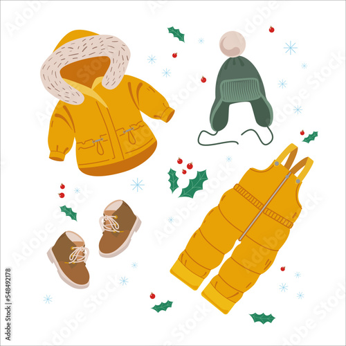 Collection of children's winter clothes and outerwear isolated on a light background concept cartoon