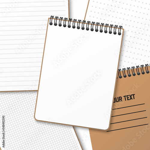 A notebook with a horizontal spring coil lies on top of another notebook. Notepad with a white sheet. Vector illustration isolated on white background