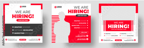We are hiring job vacancy social media post banner design template with red color. We are hiring job vacancy square web banner design.
