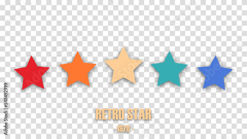 Colorful rating 5 stars in retro style on a transparent background. Feedback concept for mobile app or website. Quality shape design. Vector illustration in 1970s 1980s 1960s style.