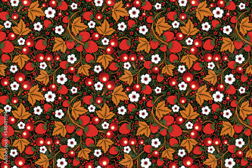 Wallpaper with an ornament of summer motifs, flowers and berries in the style of Russian Khokhloma painting. Vector illustration photo