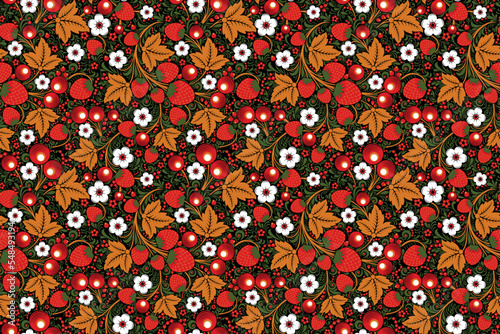 Wallpaper with an ornament of summer motifs, flowers and berries in the style of Russian Khokhloma painting. Vector illustration