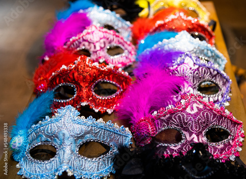Colorful artistic masks in the shop