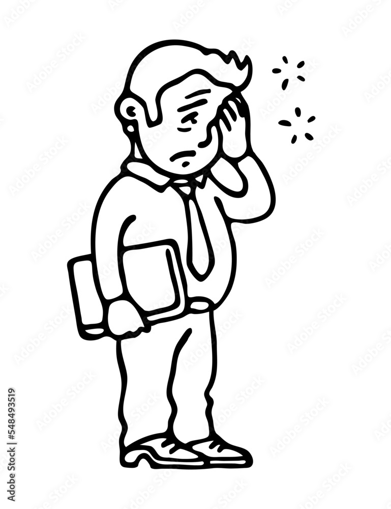 The young man is in great despair. He clutched his head in grief. Stress and fatigue at work. Cartoon vector comic art illustration. Hand drawn outline sketch black and white