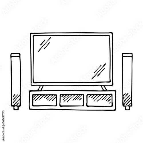 Home tv with speakers. Electronic technology. Leisure, recreation and entertainment. Cartoon vector art illustration. Hand drawn outline sketch black and white