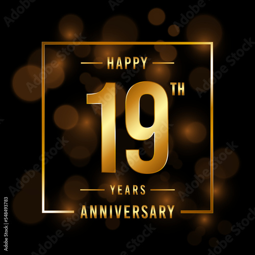 19th Anniversary. Anniversary template design with golden font for celebration events, weddings, invitations and greeting cards. Vector illustration