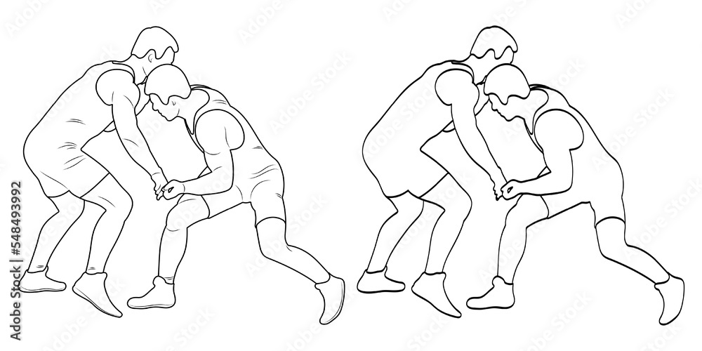 Silhouette outline athletes wrestlers in wrestling, duel, fight. Sketch line drawing greco roman, freestyle, classical wrestling.