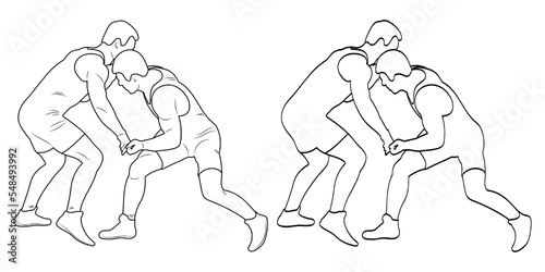 Silhouette outline athletes wrestlers in wrestling, duel, fight. Sketch line drawing greco roman, freestyle, classical wrestling.
