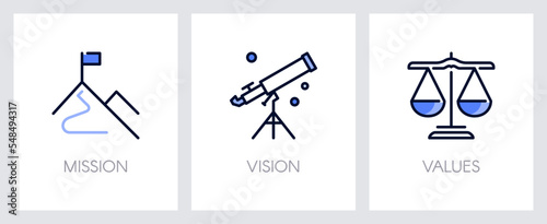 Mission, vision and values of company. Business concept. Web page template. Metaphors with blue icons