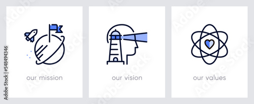 Our mission, our vision and our values.  Business concept. Web page template. Metaphors with blue icons photo