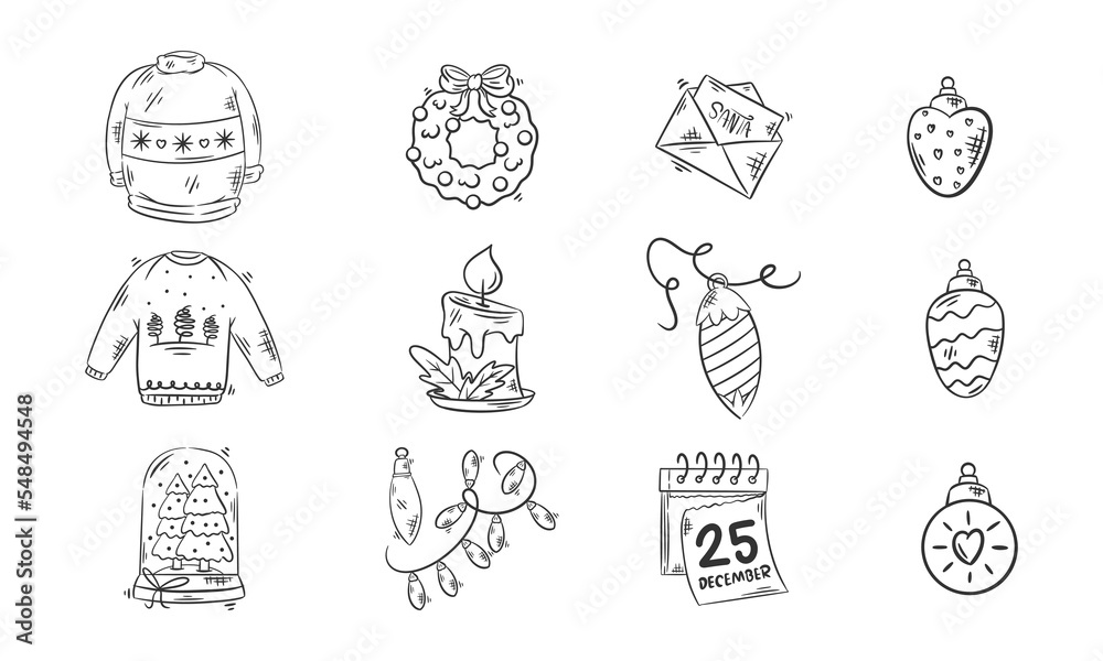 T-shirts and Christmas icons hand drawn for coloring