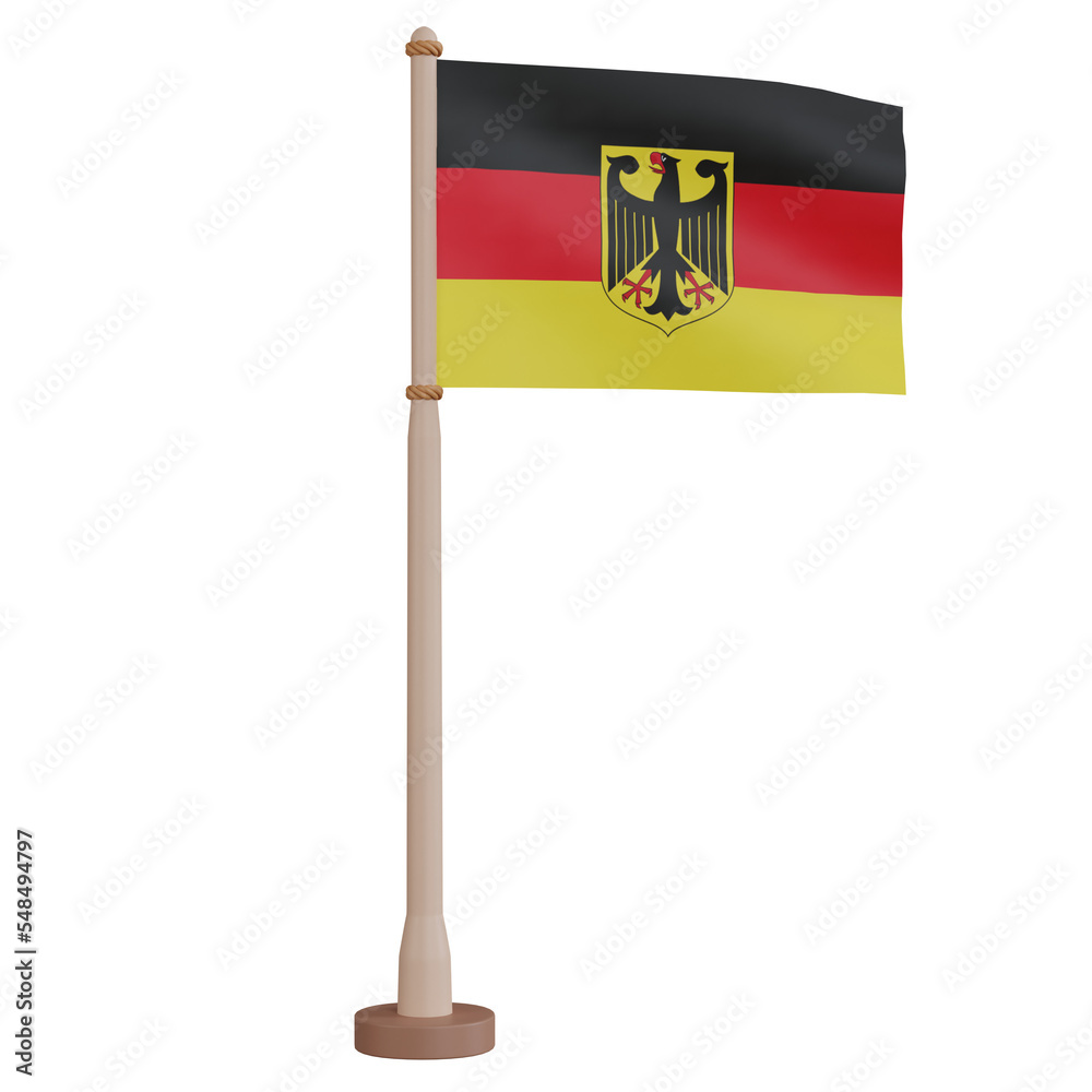 3D rendering waving Germany flag on pole. PNG transparent background. 3D rendering waving Germany flag on pole. PNG transparent background.