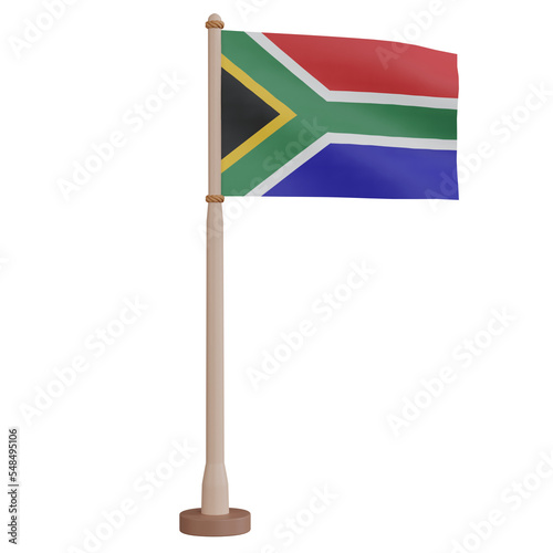 3D rendering waving South Africa flag on pole. PNG transparent background.