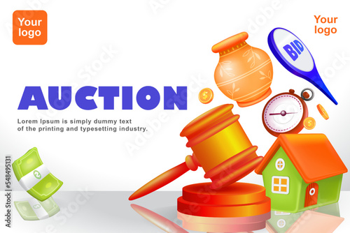 Auction. 3d illustration of judge gavel, house, antique jar, bidding board and money