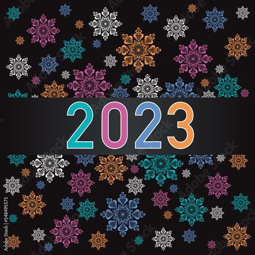 Carte de vœux 2023 de format carré, avec un feu d’artifice de flocons multicolores qui s’envolent sur un fond noir.