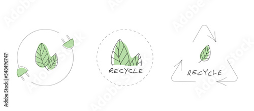 Recycle symbol for ecological logo design and zero waste lifestyle. Hand drawn vector green energy icon.