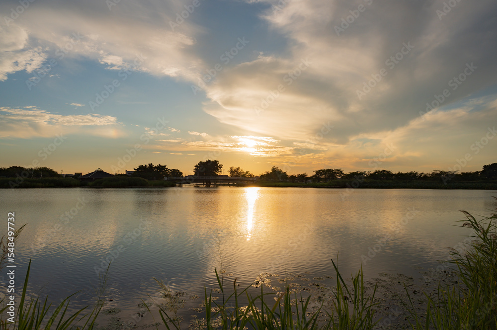 新潟　瓢湖の夕景